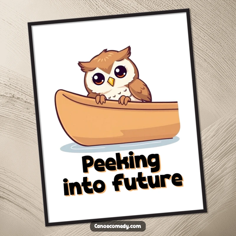 Funny curious owl peeking from a canoe in digital art, ideal for whimsical decor.
