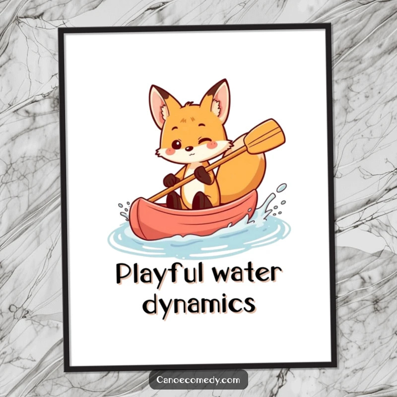 Funny fox splashing water from a canoe, playful digital art, energetic animal printable, instant download.
