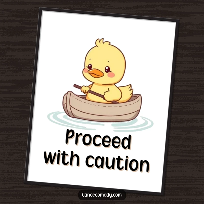 Funny digital art of a shy kawaii duckling in a tiny canoe, looking nervous, perfect for humorous, gentle wall decor.