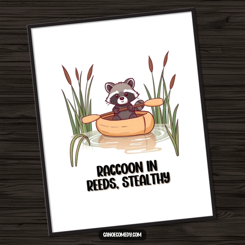 Funny digital art print of a raccoon navigating a canoe through reeds, ready for immediate download and display.