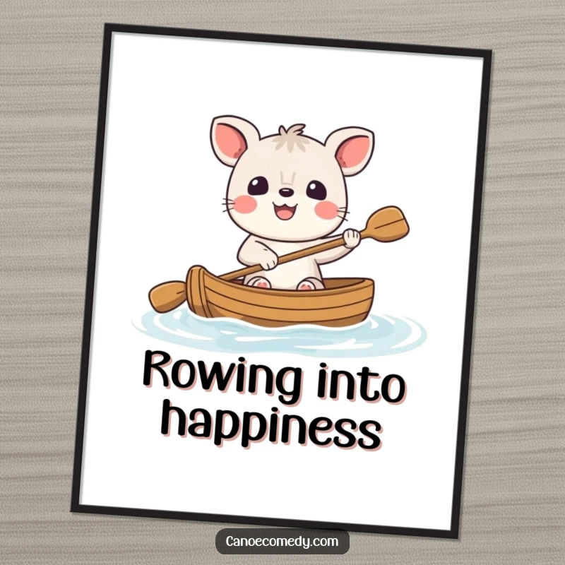Funny cheerful animal digital art print, a happy character with a big smile paddling a small canoe, showcasing humorous adventure and joy.