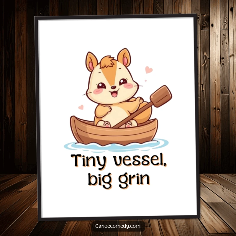 Funny Kawaii Squirrel Digital Art Print: Giggling squirrel waves from a nutshell canoe, vibrant and cheerful.