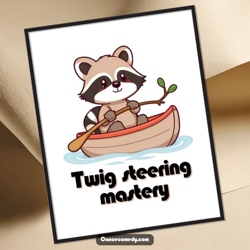 Funny Kawaii raccoon in a canoe, steering with a twig, a digital art print for clever inspiration.