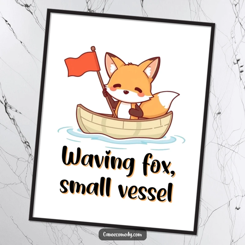 Funny digital art print of a fox in a small canoe waving a flag, ready for immediate download and display.