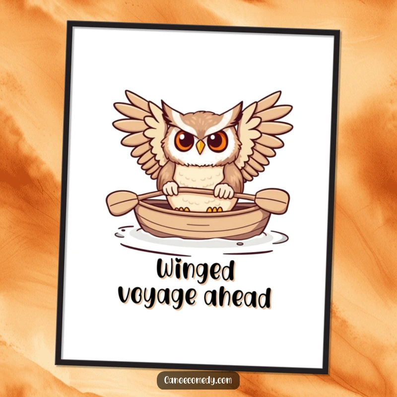 Funny Owl Paddling Canoe Digital Art Print, depicting a determined owl paddling a canoe, adding humorous wall decor.