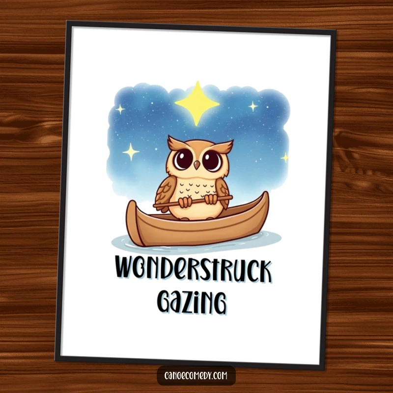 Funny owl digital art print, gazing in wonder at a starry sky from a canoe, a humorous and inspiring digital download.