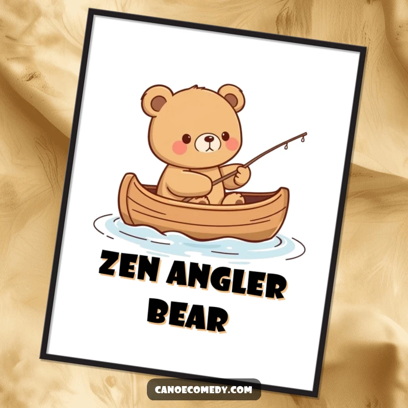Funny Kawaii Bear Digital Art Print: Content bear fishes from a canoe, embodying serenity and humor.
