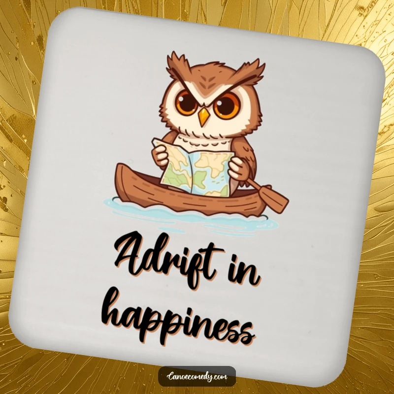 Funny owl drink coaster, depicting an owl paddling a canoe and struggling with a map, a humorous table protector.