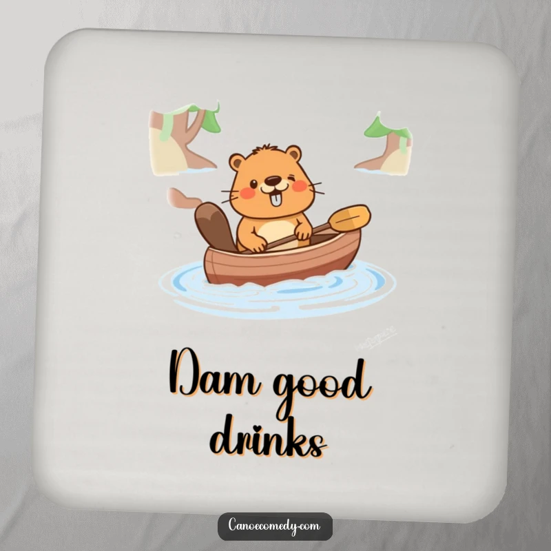 Funny drink coaster with a happy cartoon beaver pushing a canoe, adding a charming and humorous touch to any surface, a funny gift.