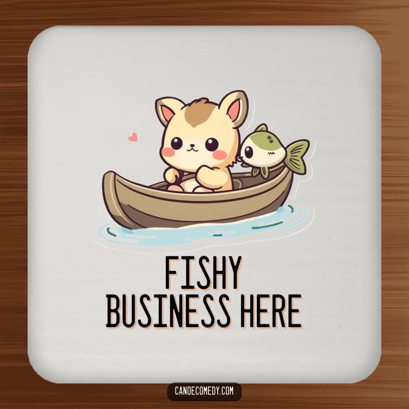 Funny Kawaii animal character in a canoe, amused by a fish, printed on a drink coaster for humorous protection.