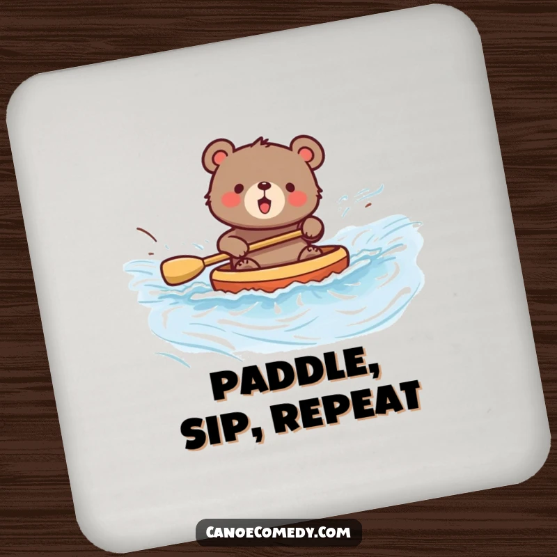 Funny drink coaster featuring a bear paddling a canoe on a river, adding humor and protection to tabletops.