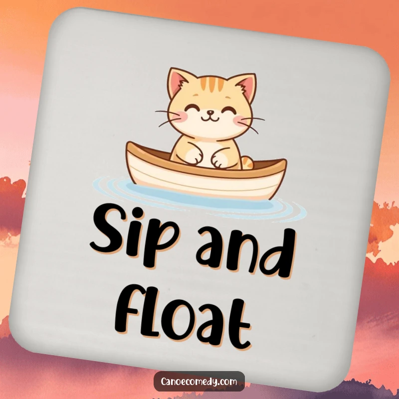 Funny Cat Floating Canoe Coaster, showing a happy cat floating peacefully in a tiny canoe, protecting tables.