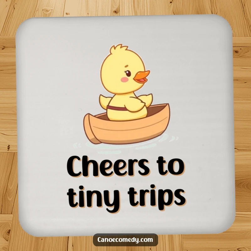 Funny happy duckling coaster riding in a tiny canoe with a big smile, cute and decorative surface protection.