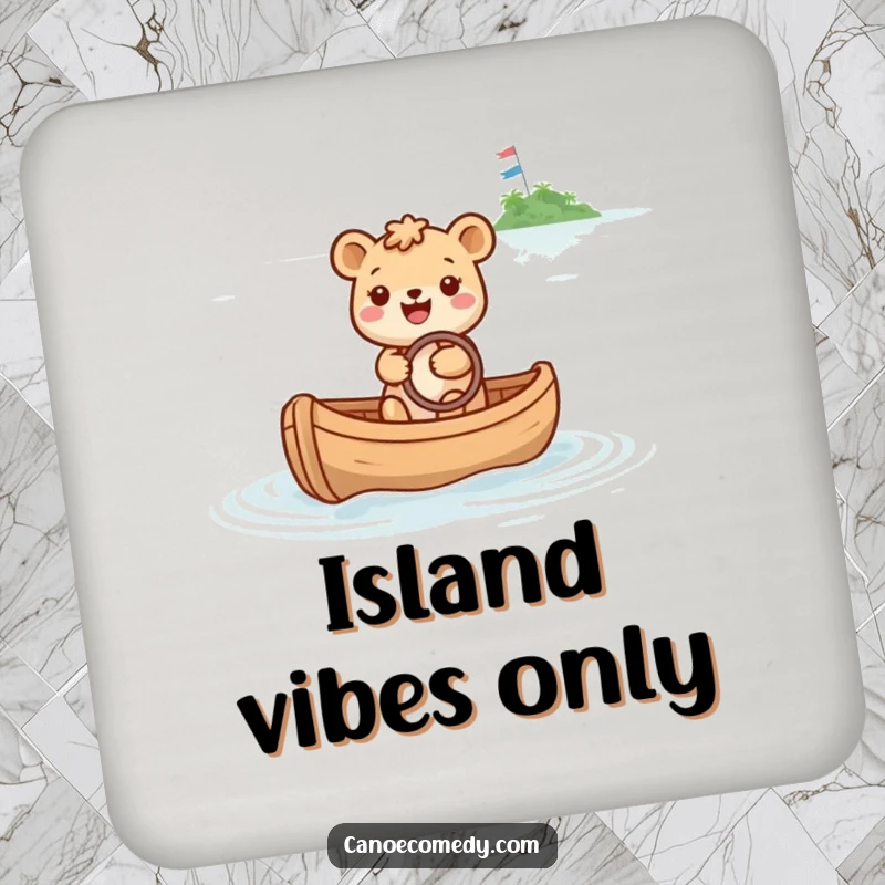 Funny coaster showing a happy animal steering a canoe towards a sparkly island, symbolizing joyful protection.