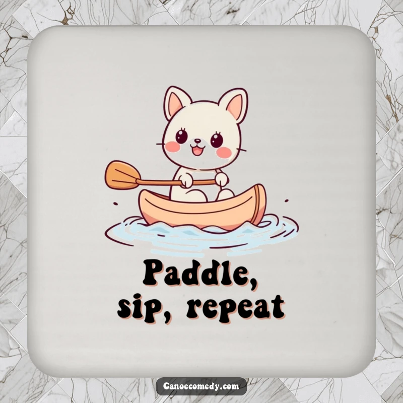 Funny Kawaii animal character paddling a tiny canoe with great enthusiasm, a set of humorous drink coasters for any table.