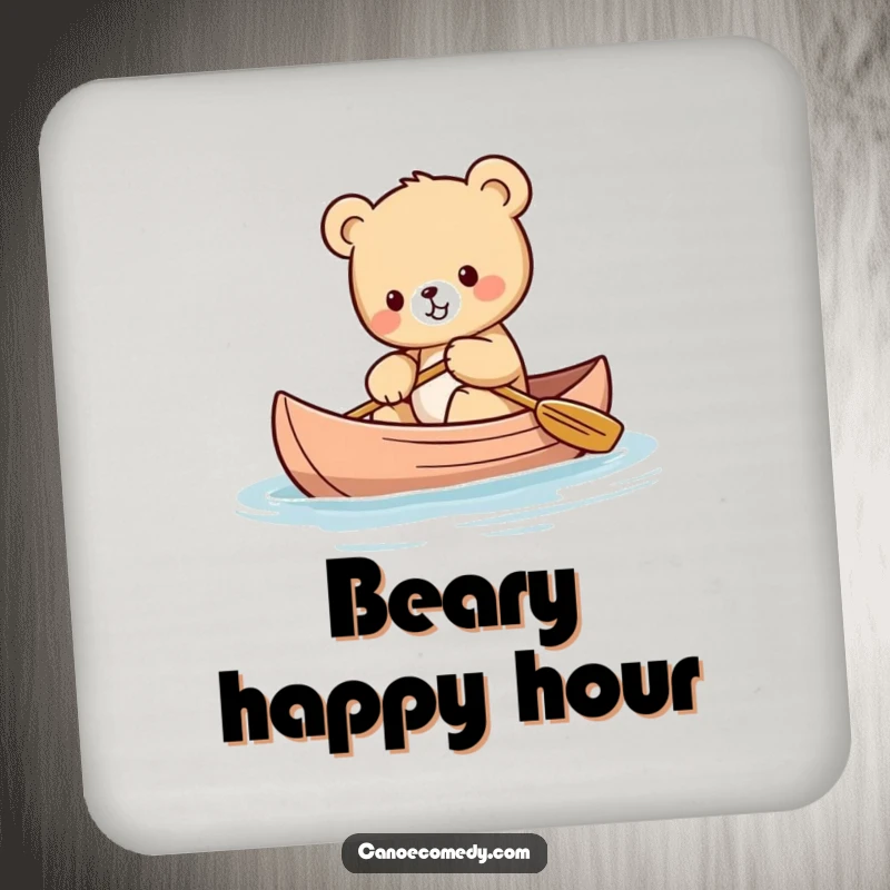 Funny Kawaii bear cub coasters featuring a cute bear cub balancing in a canoe, protecting surfaces with charm.