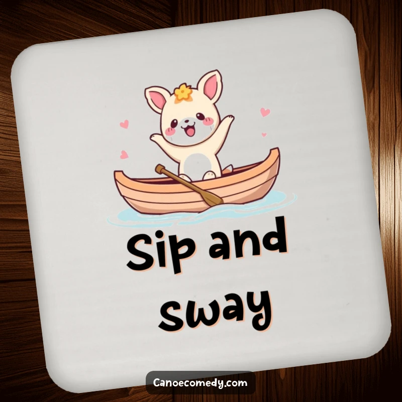 Funny Kawaii animal character dancing in a canoe, printed on a drink coaster for humorous celebration.