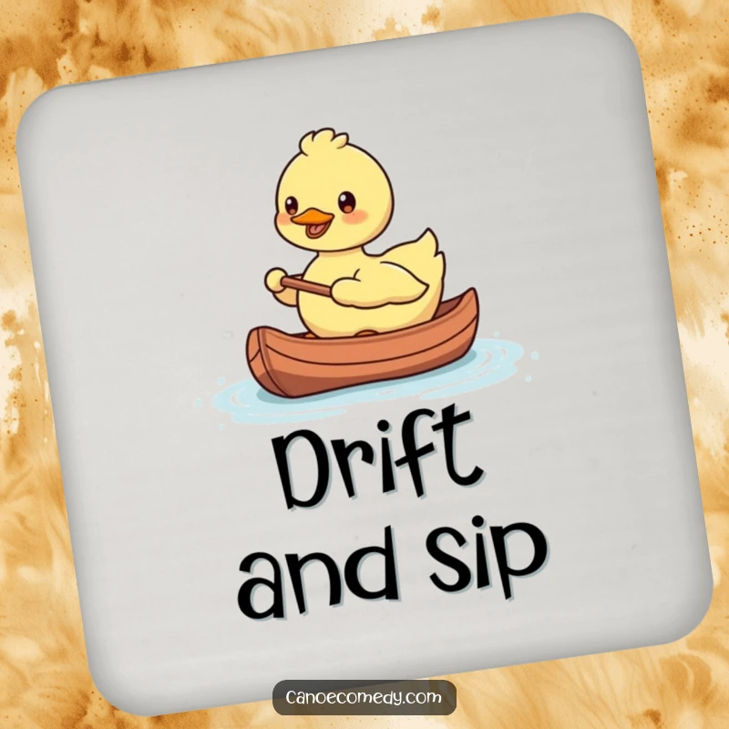 Funny, smiling Kawaii duck paddling a tiny canoe, depicted on a protective drink coaster.