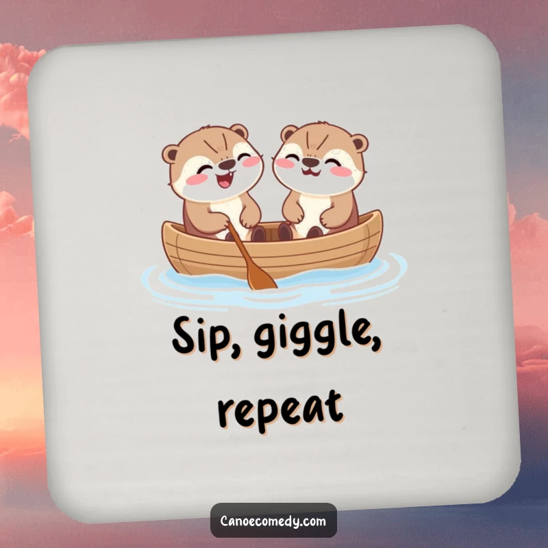 Funny Kawaii otters in a canoe, laughing heartily, a set of humorous drink coasters for table protection.