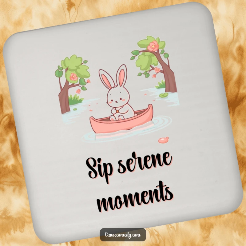 Funny kawaii rabbit in a canoe, peaceful drink coaster, cute home decor, gift for hosts.