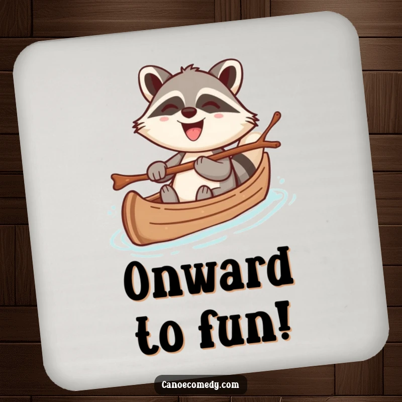 Funny coaster set with a cheerful kawaii raccoon steering a canoe with a twig, grinning broadly, offering humorous protection.