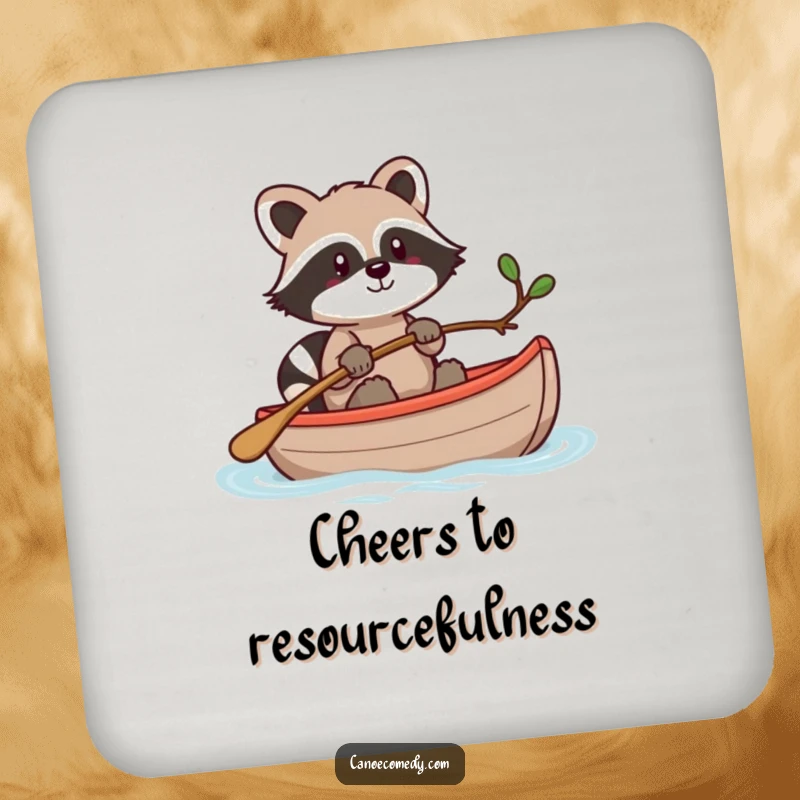 Funny Kawaii raccoon in a canoe, steering with a twig, a set of humorous drink coasters.