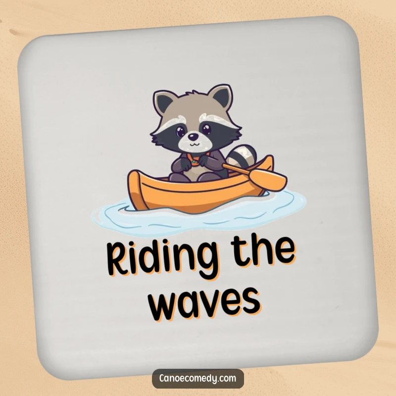 Funny kawaii raccoon in a canoe, navigating gentle waves, cute drink coaster, home decor, gift for hosts.