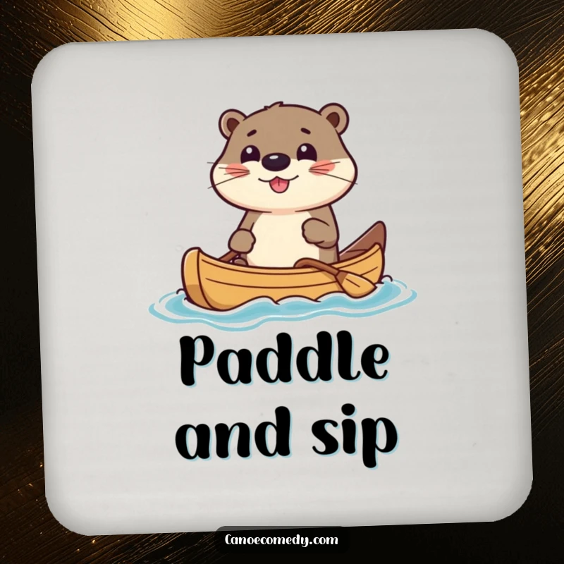 Funny Drink Coaster featuring a kawaii otter character navigating a canoe. Protects surfaces with a humorous and cute design.
