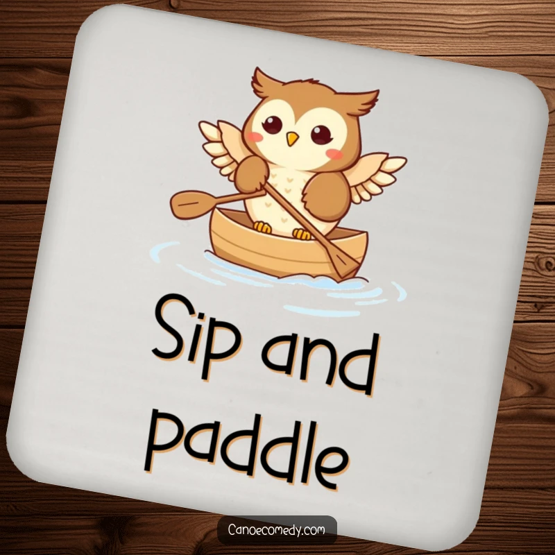 Funny Owl Coaster: A coaster with an illustration of a happy owl paddling a canoe.