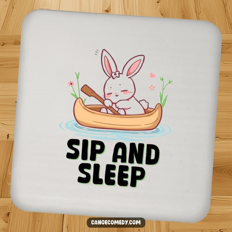 Funny drink coaster with a snoozing cartoon rabbit in a canoe, adding a peaceful and humorous touch to any surface, a funny gift.