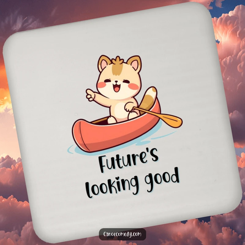 Funny Kawaii animal character excitedly pointing ahead from a canoe on a protective drink coaster.