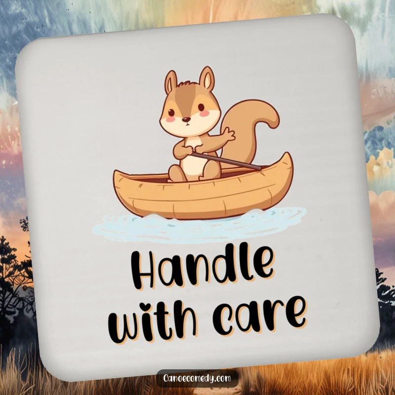 Funny squirrel balancing in a rocking canoe design on a coaster, offering a humorous touch and protection for tabletops.