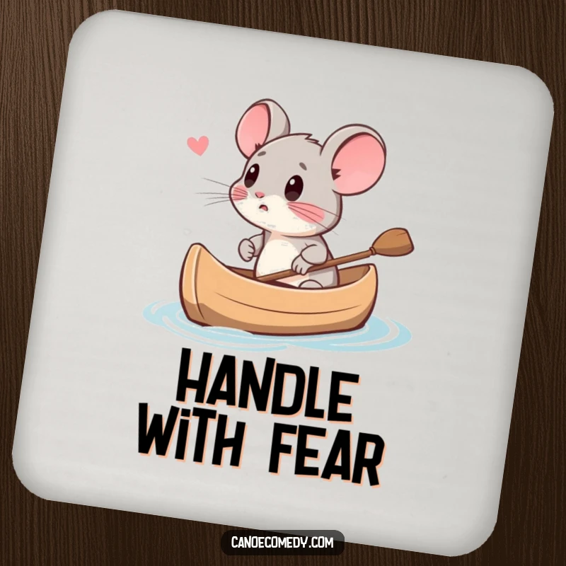 Funny small mouse looking scared in a canoe on a coaster, offering protection and humor, a perfect funny gift.