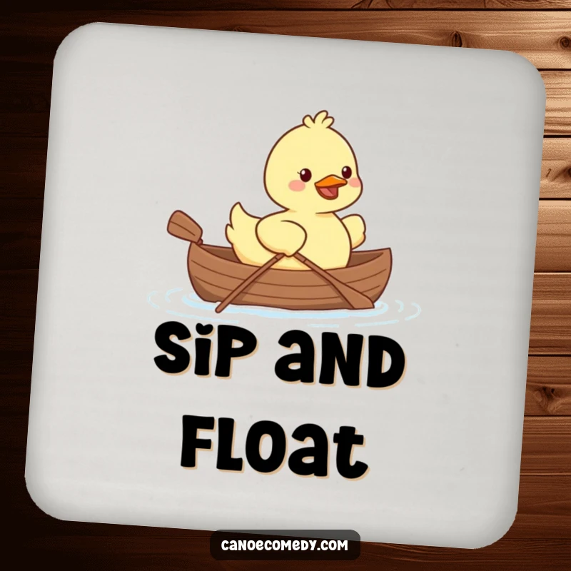 Adorable Kawaii duck in a tiny canoe paddling with a smile, on a humorous drink coaster.