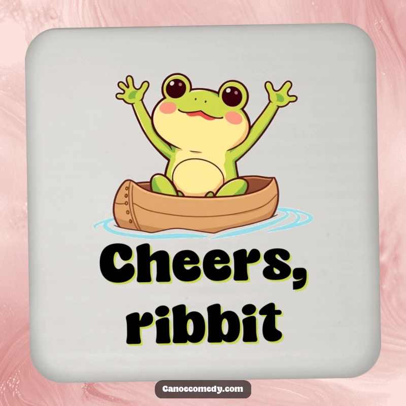 Adorable Kawaii frog excitedly waving its arms while paddling a canoe, on a humorous drink coaster.