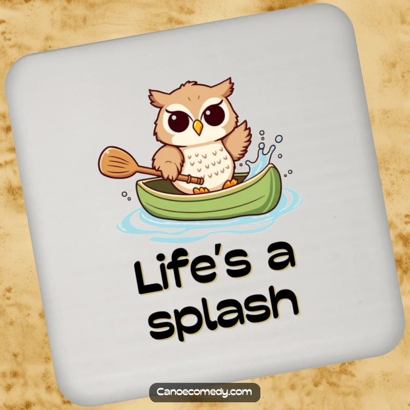Funny owl drink coaster, artfully splashing water from a canoe with a paddle, a humorous and protective surface accessory.