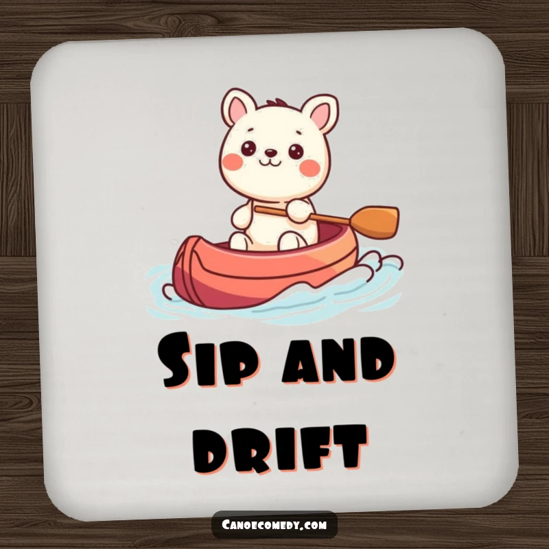 Funny Kawaii animal character steering a colorful canoe through gentle waves, a set of humorous drink coasters for calm decor.