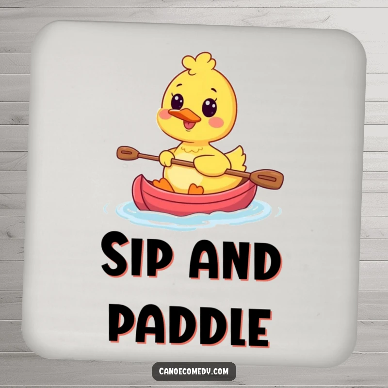 Funny Kawaii Duck Canoe Coasters featuring a happy duck character paddling a tiny canoe, protecting surfaces with charm.