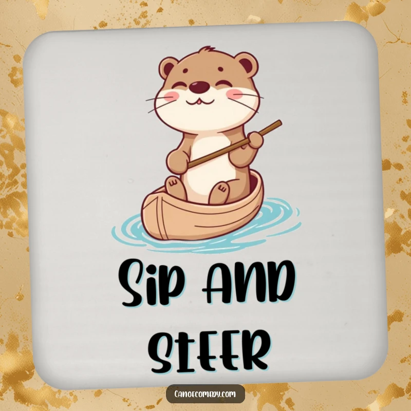 Funny otter steering a canoe with a stick on a coaster, offering protection and humor, a perfect funny gift.