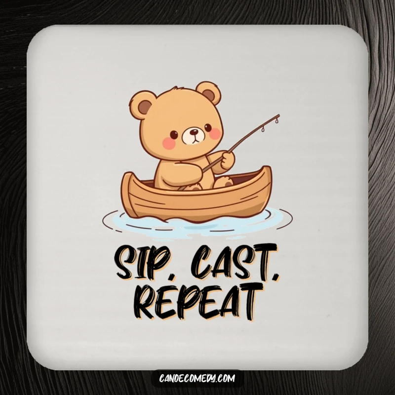 Funny Kawaii Bear Coaster: Content bear fishes from a canoe, protecting surfaces with peaceful humor.