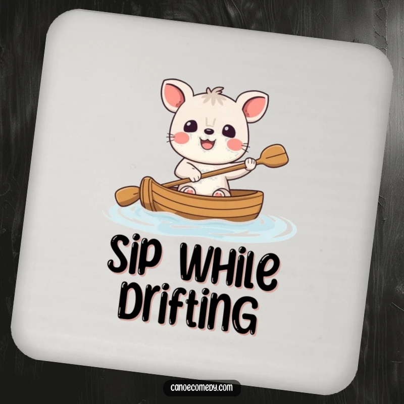 Funny cheerful animal coaster, a happy character with a big smile paddling a small canoe, adding humorous flair to your drink service.