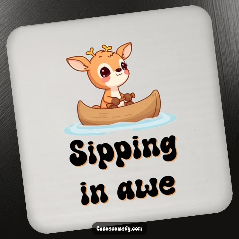 Funny Deer Wonder Canoe Coaster, showing a small deer looking up in wonder from a canoe, protecting surfaces.