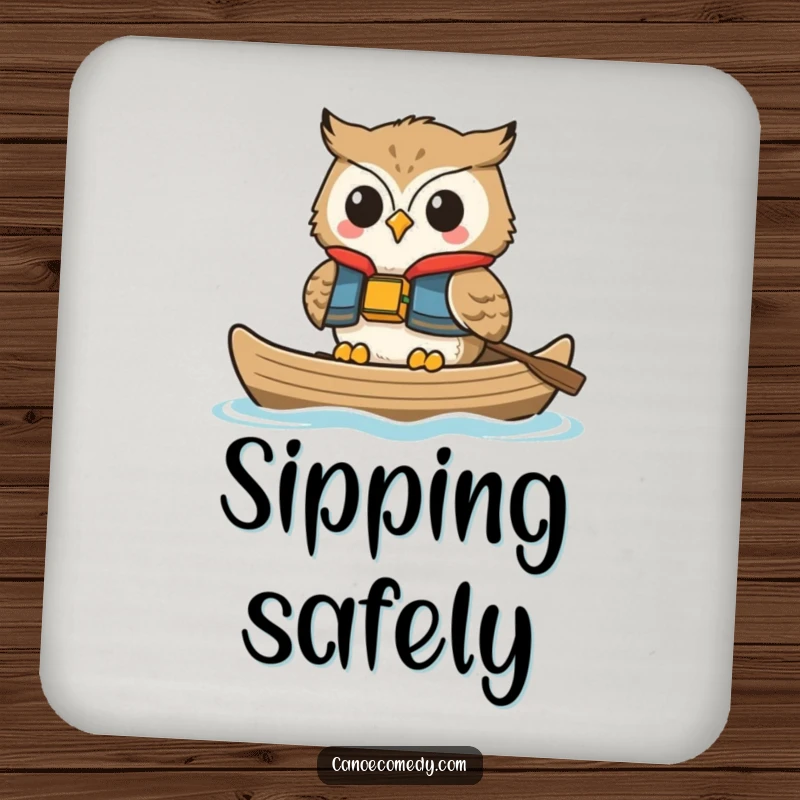 Funny owl drink coaster, depicted smiling in a life vest while floating in a canoe, a humorous and protective surface accessory.