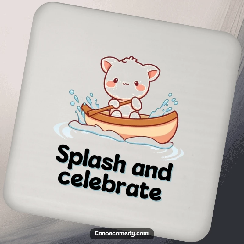 Funny Kawaii animal character playfully splashing water from a canoe, a set of humorous drink coasters for playful decor.