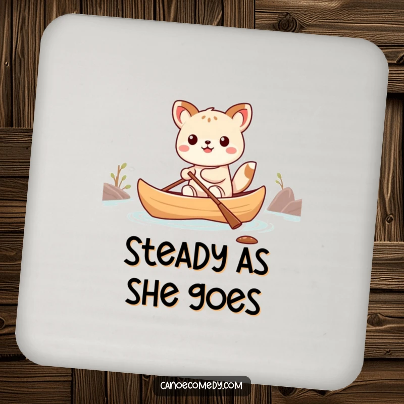 Funny Kawaii animal character humorously balancing in a small canoe on a protective drink coaster.