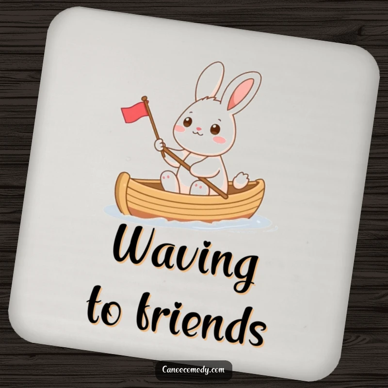 Funny rabbit in a canoe waving a small flag, a cheerful and humorous drink coaster designed to protect surfaces with a smile.