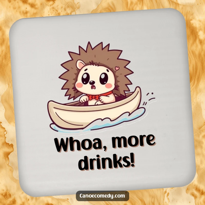 Funny Kawaii hedgehog coasters featuring a surprised hedgehog in a canoe as it speeds up, protecting surfaces.