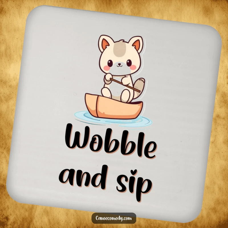 Funny Kawaii animal character in a canoe, looking unstable, printed on a drink coaster for humorous protection.