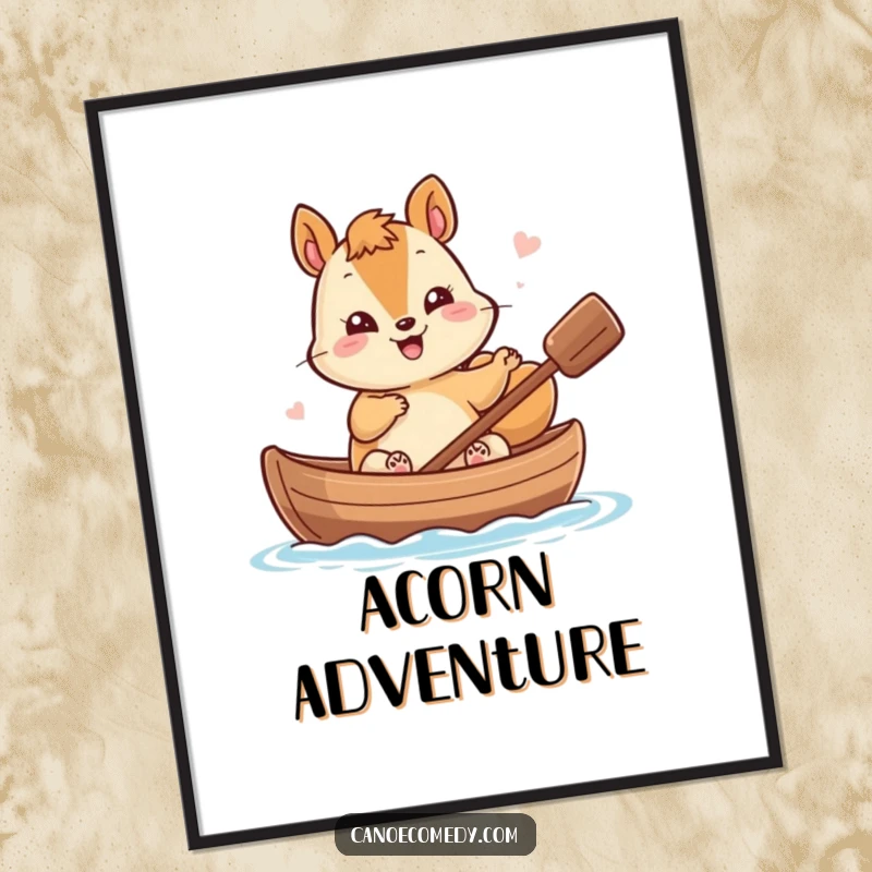 Funny Kawaii Squirrel Poster: Giggling squirrel waves from a nutshell canoe, adding joyful decor to any room.