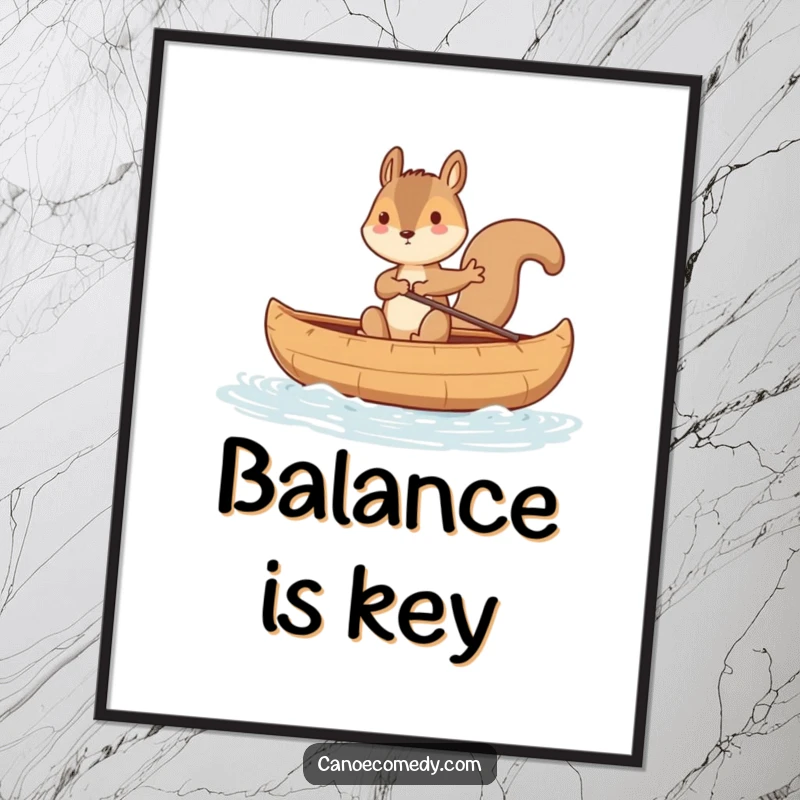 Funny squirrel character in a comical balancing pose on a rocking canoe, perfect for a humorous wall art print.